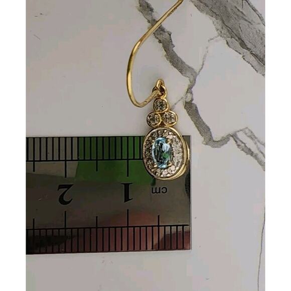 18k Yellow Gold Plated Silver Genuine Blue Topaz Diamond Dangle Hook Earrings - Picture 3 of 7